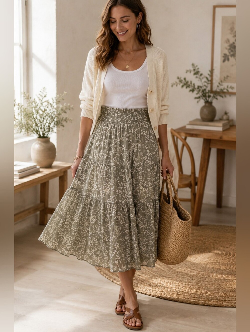 Garage Romantic Feminine Olive Green Floral Smocked Tiered Boho Midi Skirt
